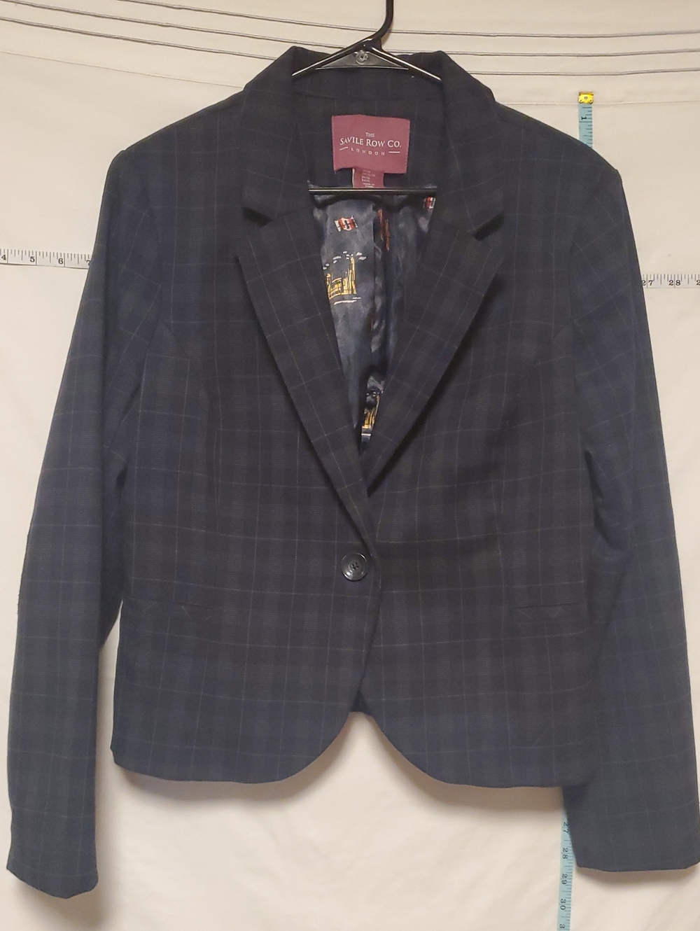 Saville Row Blue Windowpane Check One Button Blazer Elbow Patch Academia Preppy